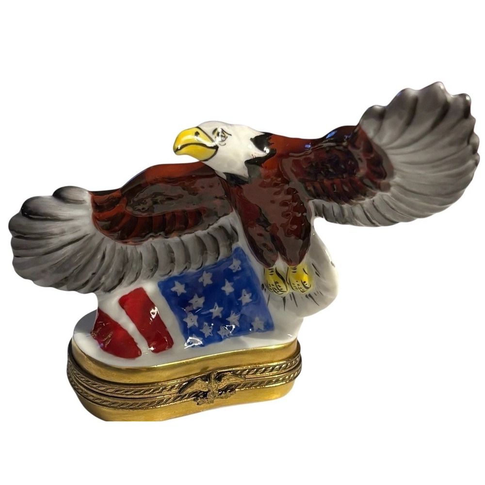 Limoges France Porcelain American Bald Eagle Trinket Box Peint Main Flag USA VTG